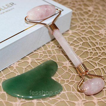 Ролик і скребок для масажу гуаша JADE ROLLER з подарунковою коробкою 1265870018 фото