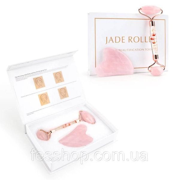 Ролик і скребок для масажу гуаша з Рожевого кварцу JADE ROLLER 1275374520 фото